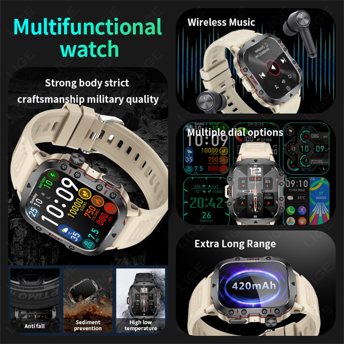 LIGE's new square men's multi-functional waterproof, photo-taking, call and health monitoring smartwatch Application Scenario