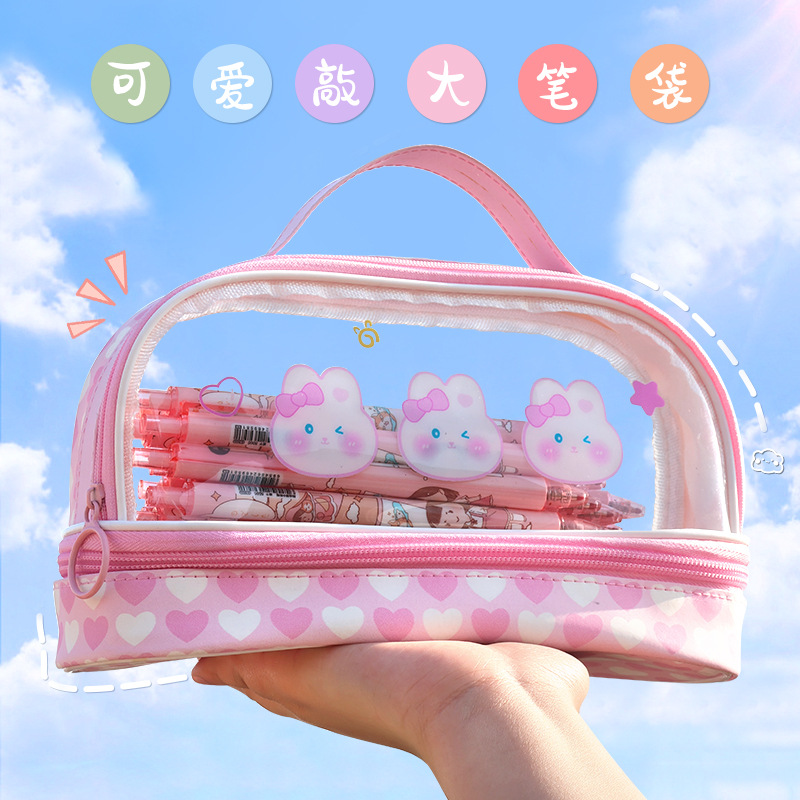 Double-layer large-capacity transparent pen case for girls, primary and junior high school students, high appearance level pencil case, cute Instagram pen case for girls Specification drawing