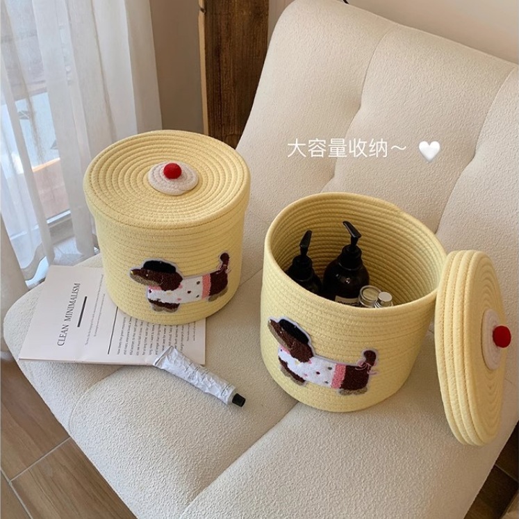 Creative Little dog woven cotton thread basket, large-capacity dust-proof storage bucket with lid, storage basket, household sundries storage basket Specification drawing