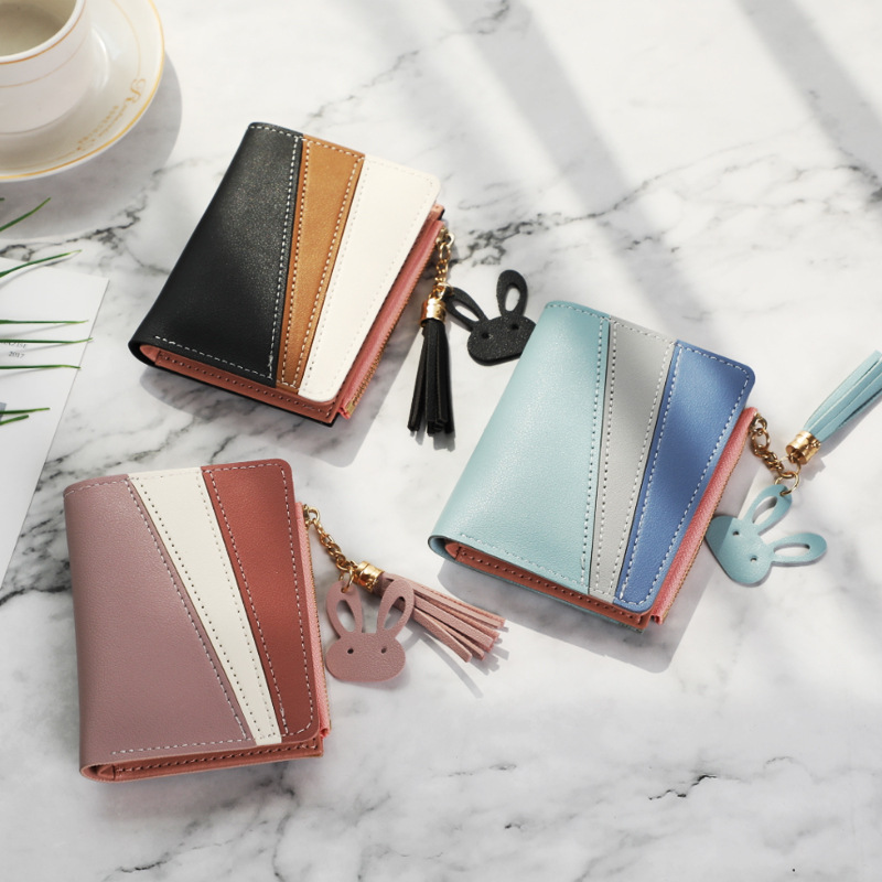 New wallet, women's bag, short student style, Korean style, ins fashion color contrast, trendy loose change card bag, PU leather wallet full figure