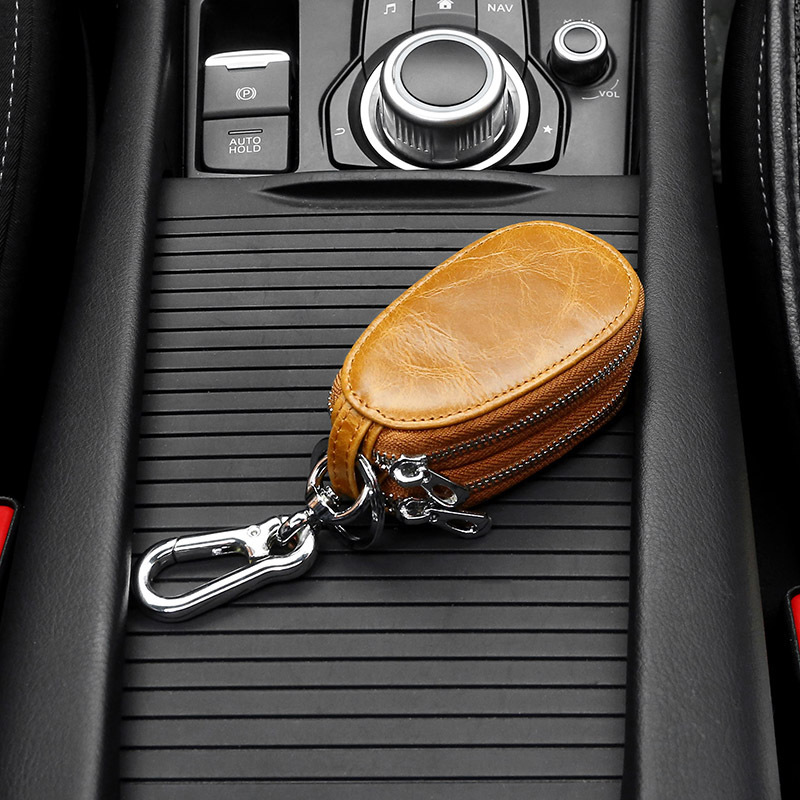 Retro oil wax leather car key case, export pu double zipper multi-functional car key case, high-end European and American key case Specification drawing