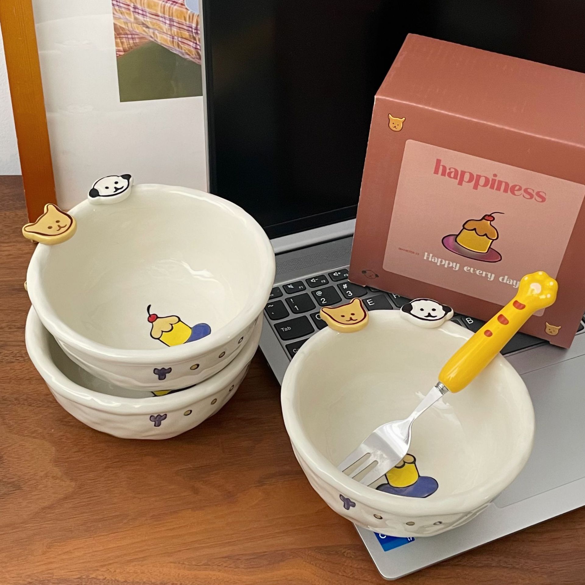 Button Ceramic puppy rice bowl 2025 New Household rice bowl, Salad bowl, yogurt bowl, birthday gift box set full figure