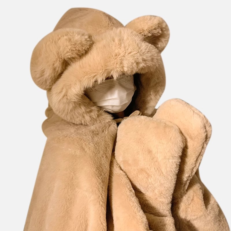 Little bear plush blanket, women's winter thickened warm cape blanket, nap office lazy person's shawl, hooded cape Item Picture