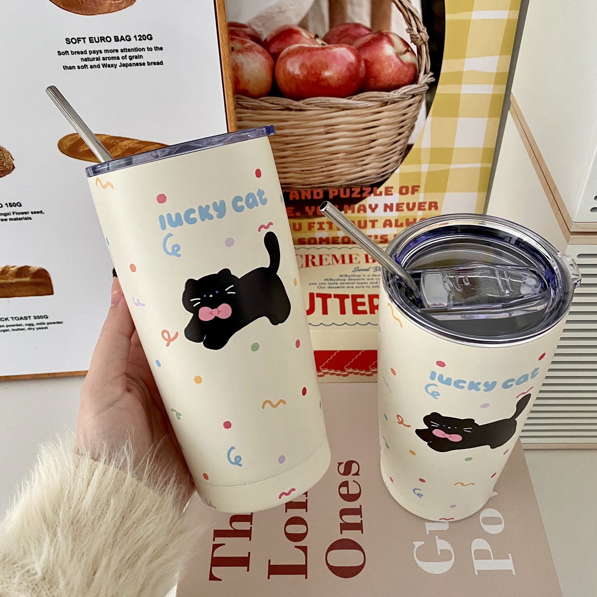 New warm and cute cat-shaped insulated cup for women, large capacity, design sense, niche, high appearance level, stainless steel portable and easy to use details Picture