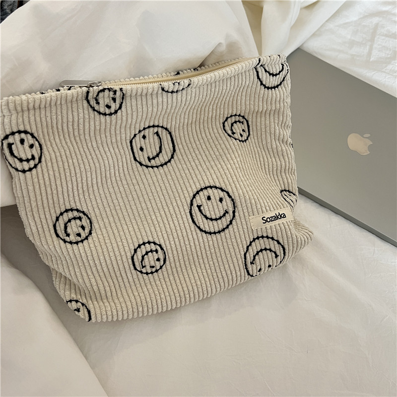 【 In Stock 】111291 Corduroy Smiley Face Makeup Bag Polka Dot Retro Smiley Face Storage Toiletry hand-held Bag Pen case details Picture