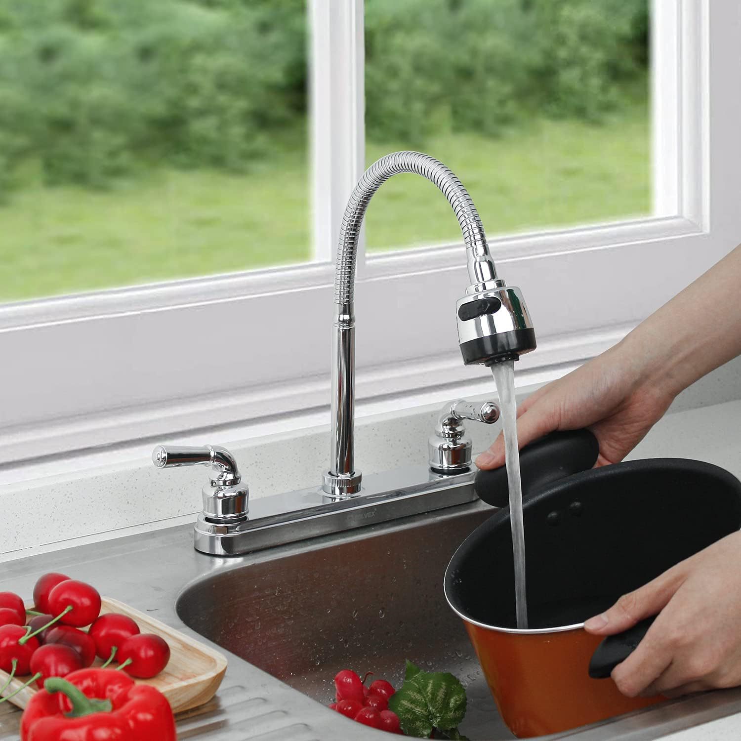 In-stock cross-border South American cold and hot water faucets, double ceramic plate plastic double interface faucets, kitchen splash-proof faucets details Picture