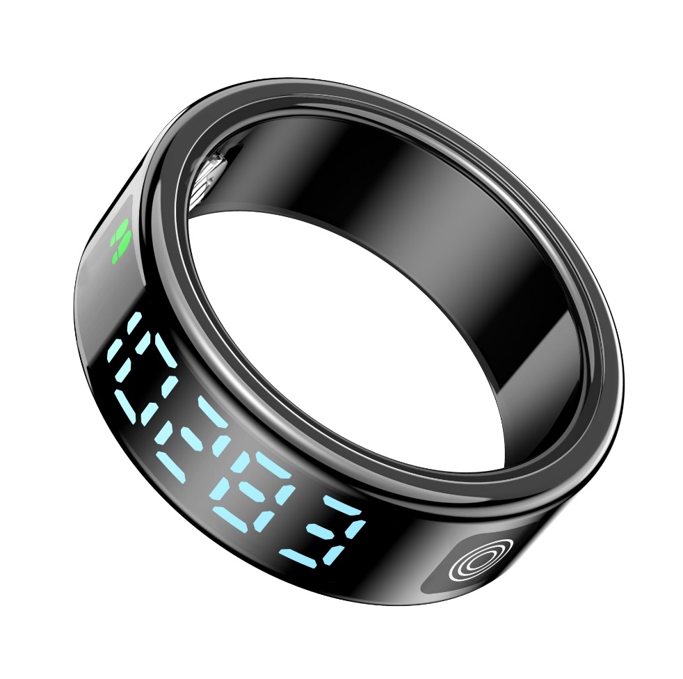 The SR08 smart ring features a display screen, touch charging dock, page-turning, photo-taking, heart rate, blood oxygen, and sleep functions Specification drawing