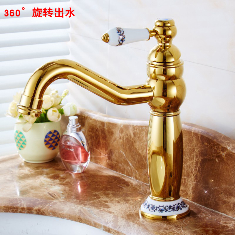 Golden faucet, hot and cold European-style faucet, all-copper bathroom, raised blue and white porcelain countertop basin, gilded antique faucet Specification drawing