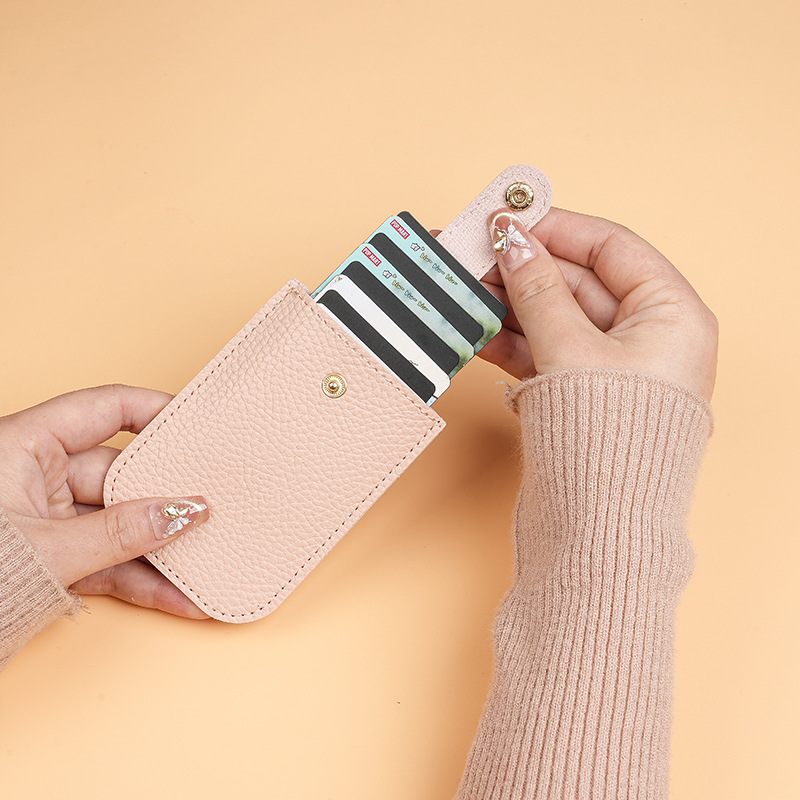 In-stock stacked concealed pull-out card holder with multiple slots, pu leather with snap fasteners, pull-out business card holder, universal details Picture