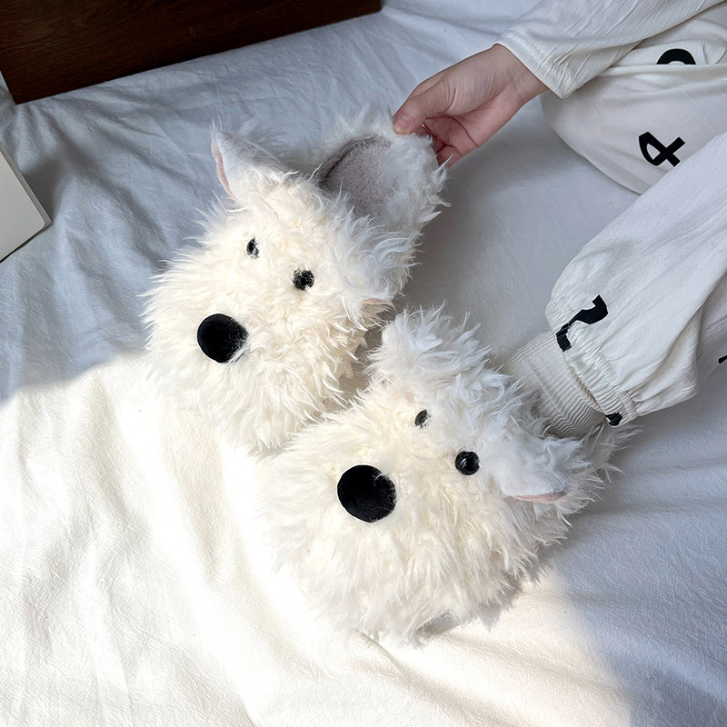 Sloppy little dog cotton slippers for women's winter indoor anti-slip and warm half-pack and plush postpartum soft-soled wool slippers details Picture