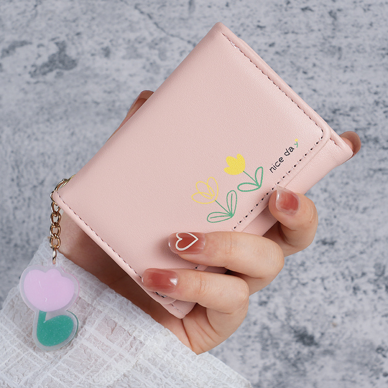 2024 New mini wallet Women's short three-fold solid color simple print cute and fresh student folding wallet card case full figure