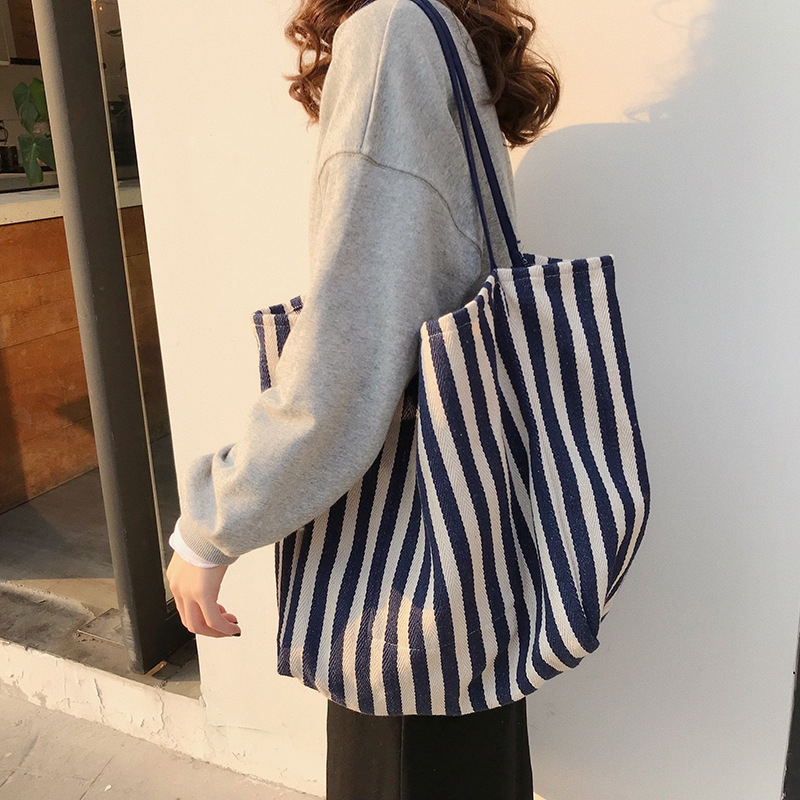 T01 Large-capacity Korean classic retro striped single-shoulder bag, chic and simple canvas bag wholesale, trendy street style cloth bag full figure