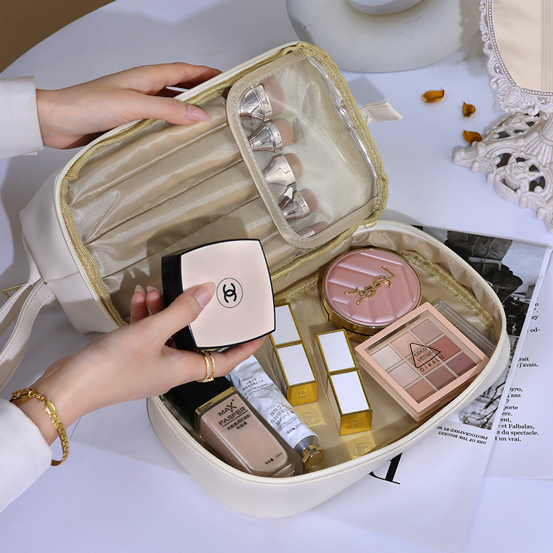 Cloud Double-layer PU Makeup Bag for Women, portable, large capacity, high appearance level travel toiletries and cosmetics storage bag Specification drawing