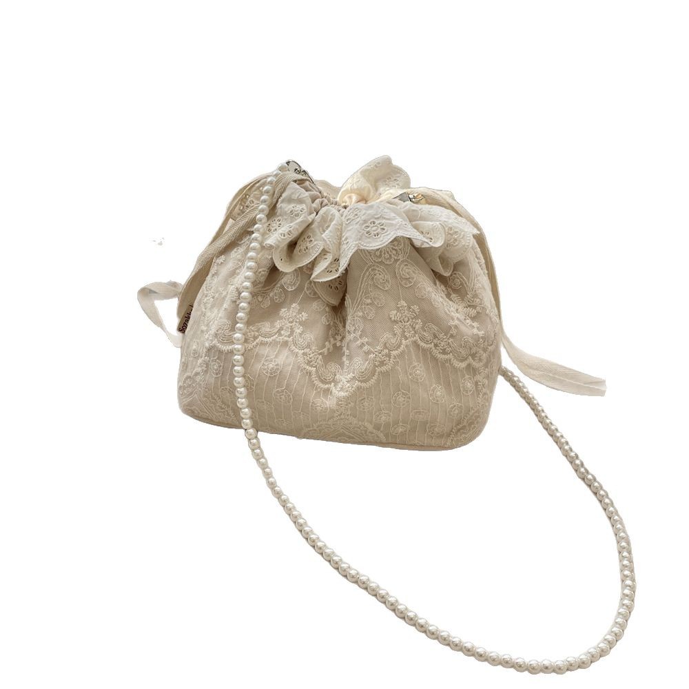 54201 New trendy and fashionable lace versatile drawstring bucket bag, single-shoulder crossbody bag, pearl strip women's small bag Item Picture
