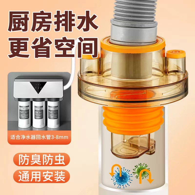 Heshang drainage pipe, kitchen sewer pipe, three-way anti-odor stop valve, pre-filter, universal diverter joint details Picture