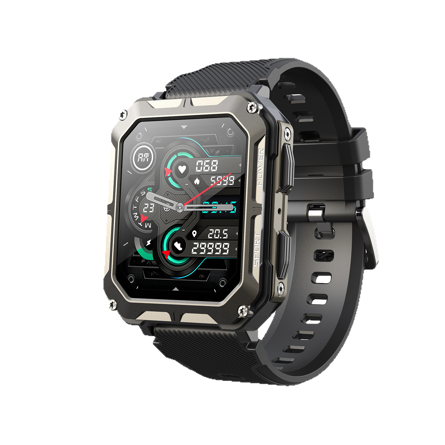 The cross-border outdoor three-proof C20pro smart bracelet watch features 1.83 steps for sports, Bluetooth call, heart rate, and water resistance Specification drawing