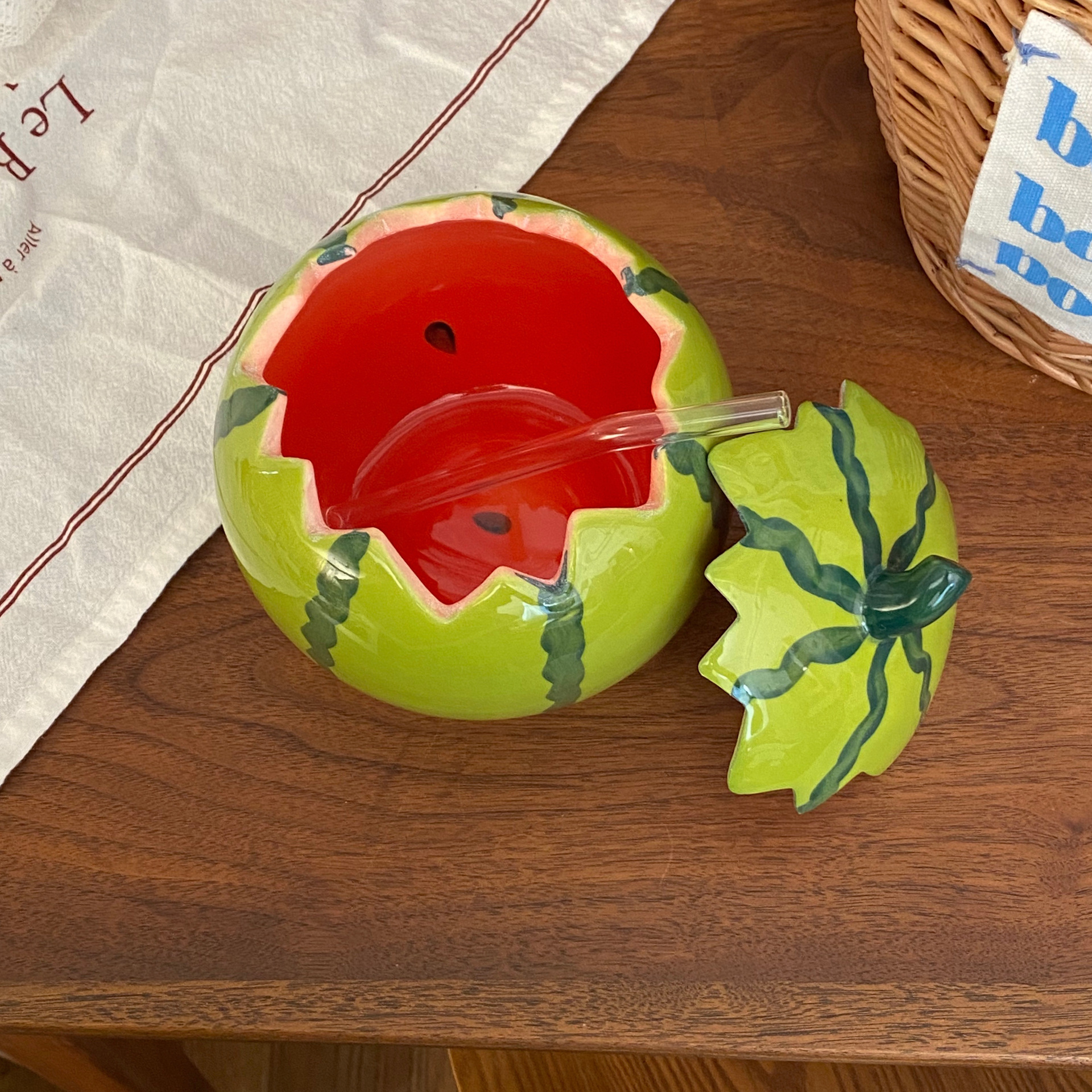 Cute ceramic, funny watermelon bowl, high appearance level, ins summer covered household tableware set, yogurt bowl, salad bowl details Picture
