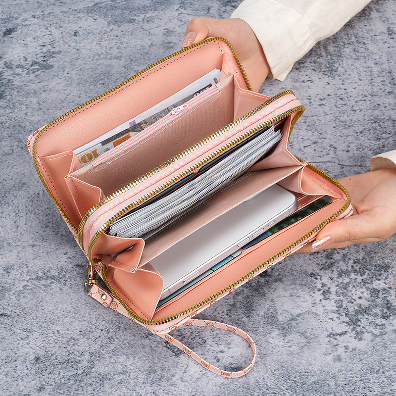 New flower-patterned long wallet for women, hand-held bag, mobile phone bag, coin purse, multi-functional card case, zipper bag, wallet Specification drawing