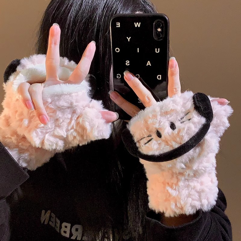 Headphones, cat flip gloves, fingers exposed, cute and versatile for autumn and winter. Seven-star cold-proof and warm for students, touchable for writing Application Scenario