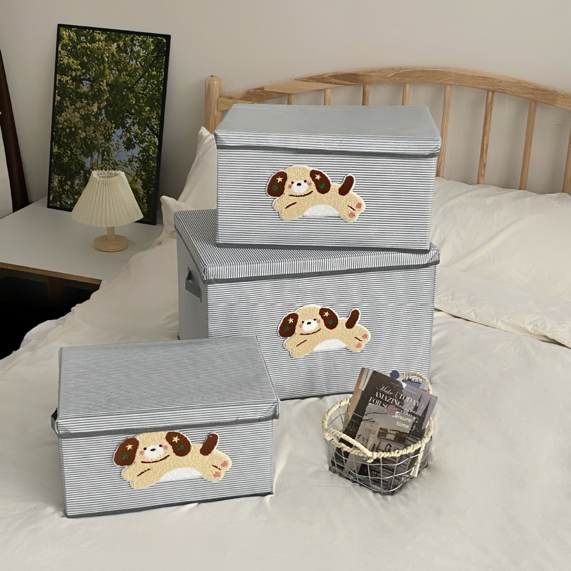Striped puppy clothes storage box for bedroom, large-capacity fabric with lid, dirty clothes storage, foldable dust-proof storage box Specification drawing