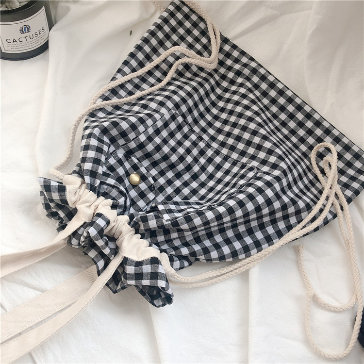 03172 Japanese ins canvas Bag 2020 New Style hand-held drawstring single-shoulder bag, artistic check student cloth bag wholesale Application Scenario