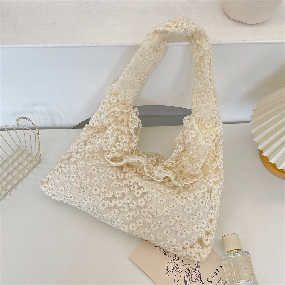 53253 Summer Ethereal Lace Daisy Canvas Bag for Women 2025 New Trendy single-shoulder Bag for shopping and sightseeing details Picture