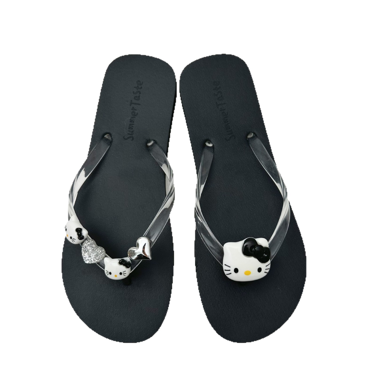 Simple silver heart-shaped cat-shaped flip-flops for women, soft soles, versatile flat slippers, beach cool slippers for summer outerwear Item Picture