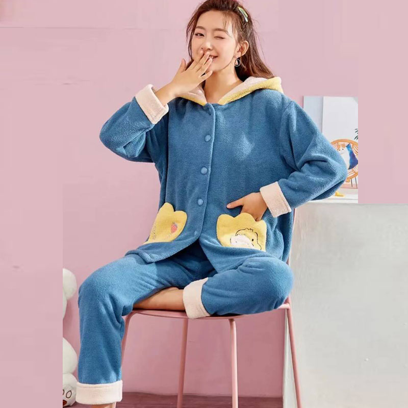 Women's home wear and pajamas for export, fleece PYJAMAS pullover, women's long-sleeved set, winter new style of foreign trade home wear, Teddy fleece pajamas for wholesale and sale details Picture