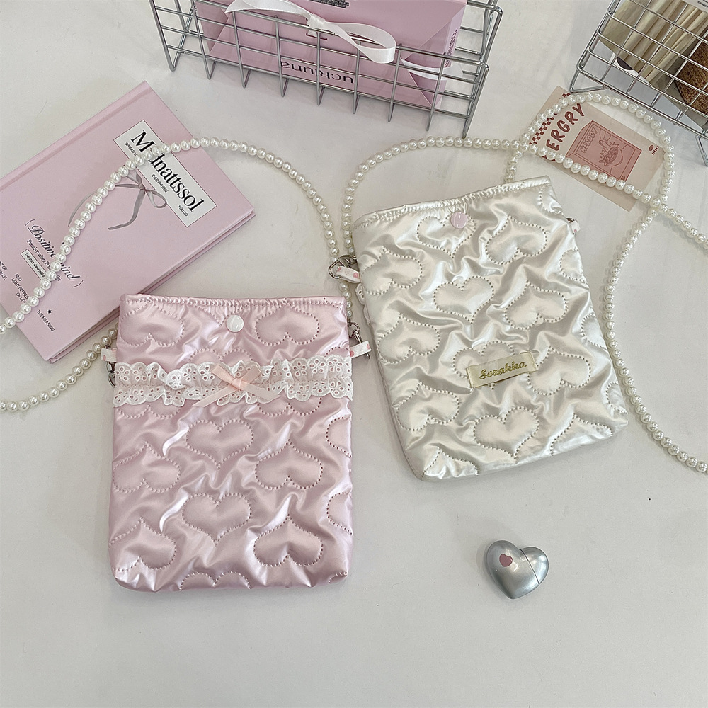 5324 pu bow cotton crossbody small bag, mobile phone bag, pearl chain bag, portable mini makeup bag Specification drawing