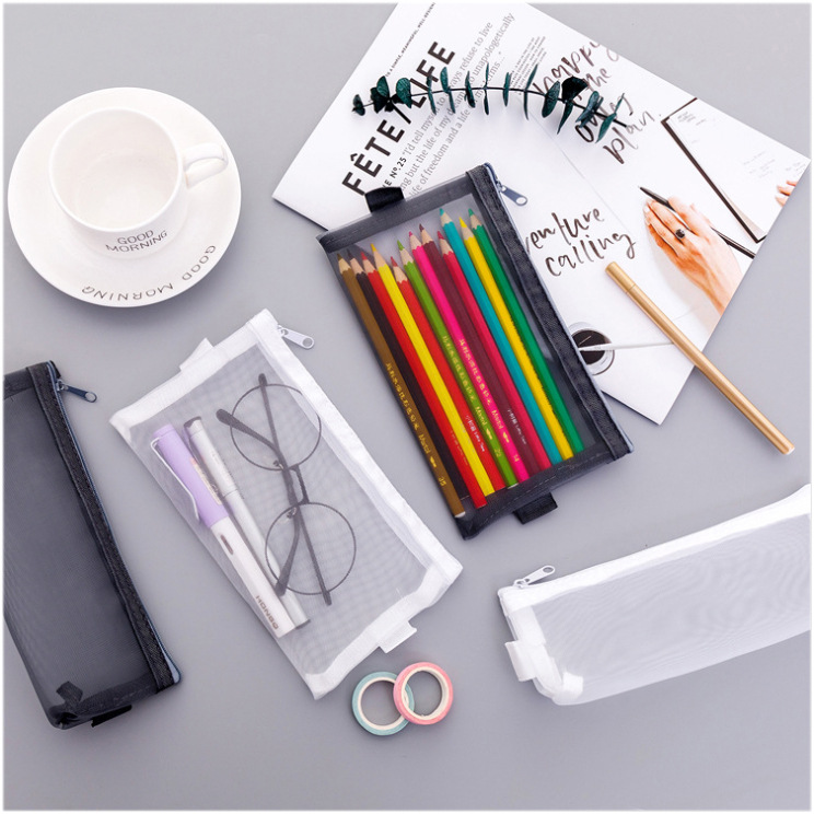 Simple and transparent mesh pen case storage bag, portable pen case for students' exams, large-capacity stationery bag wholesale details Picture