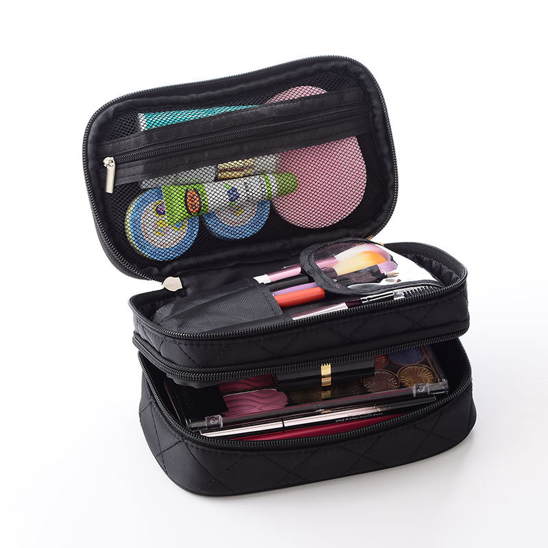 Korean-style makeup bag, portable large-capacity double-layer nylon waterproof hand-held cosmetics storage bag, travel makeup bag Item Picture