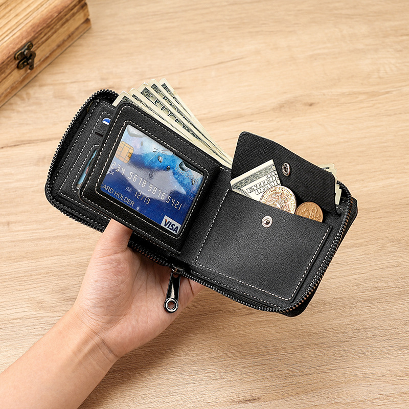 New men's wallet, fashionable spliced large-capacity wallet, zipper bag, coin purse, men's short chain wallet details Picture