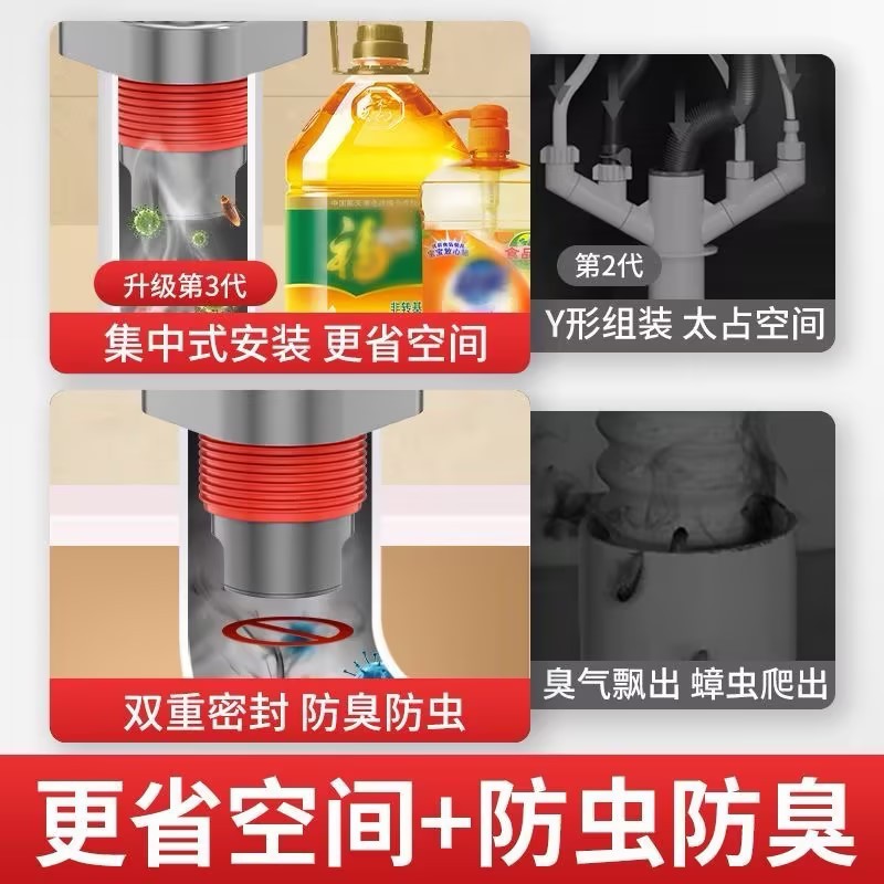 Kitchen anti-odor return sealing plug for sewer pipe, grey red five-way drainage pipe, water distributor, 50/75 pipe universal Application Scenario
