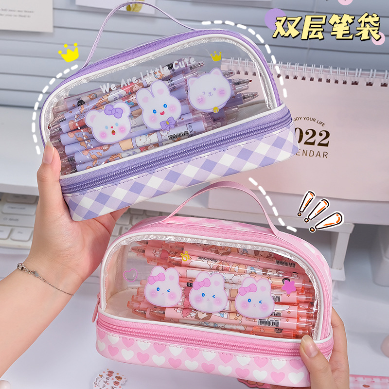 Double-layer large-capacity transparent pen case for girls, primary and junior high school students, high appearance level pencil case, cute Instagram pen case for girls full figure