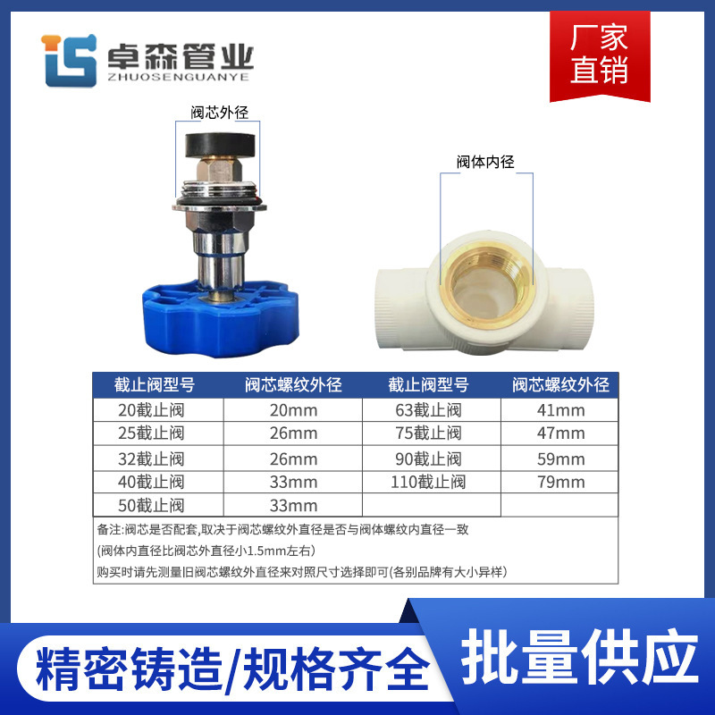PE/PPR 4-point and 6-point stop valve cores, high-quality copper valve cores, lift cores, high-quality water switch accessories Specification drawing