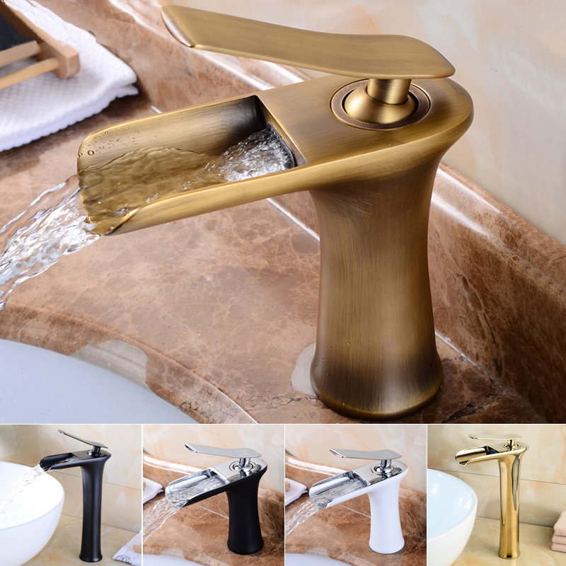 European-style all-copper antique washbasin faucet, waterfall, single-hole top basin and bottom basin, retro hot and cold water faucet full figure