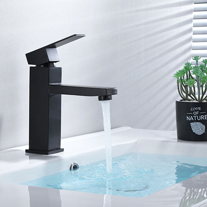 304 stainless steel faucet with high washbasin, household bathroom hand washing basin, cold and hot black square faucet Application Scenario