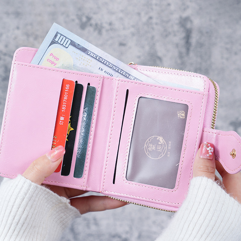 2023 Cross-border New short Wallet, women's oil wax leather retro coin purse, buckle coin case, women's small wallet details Picture