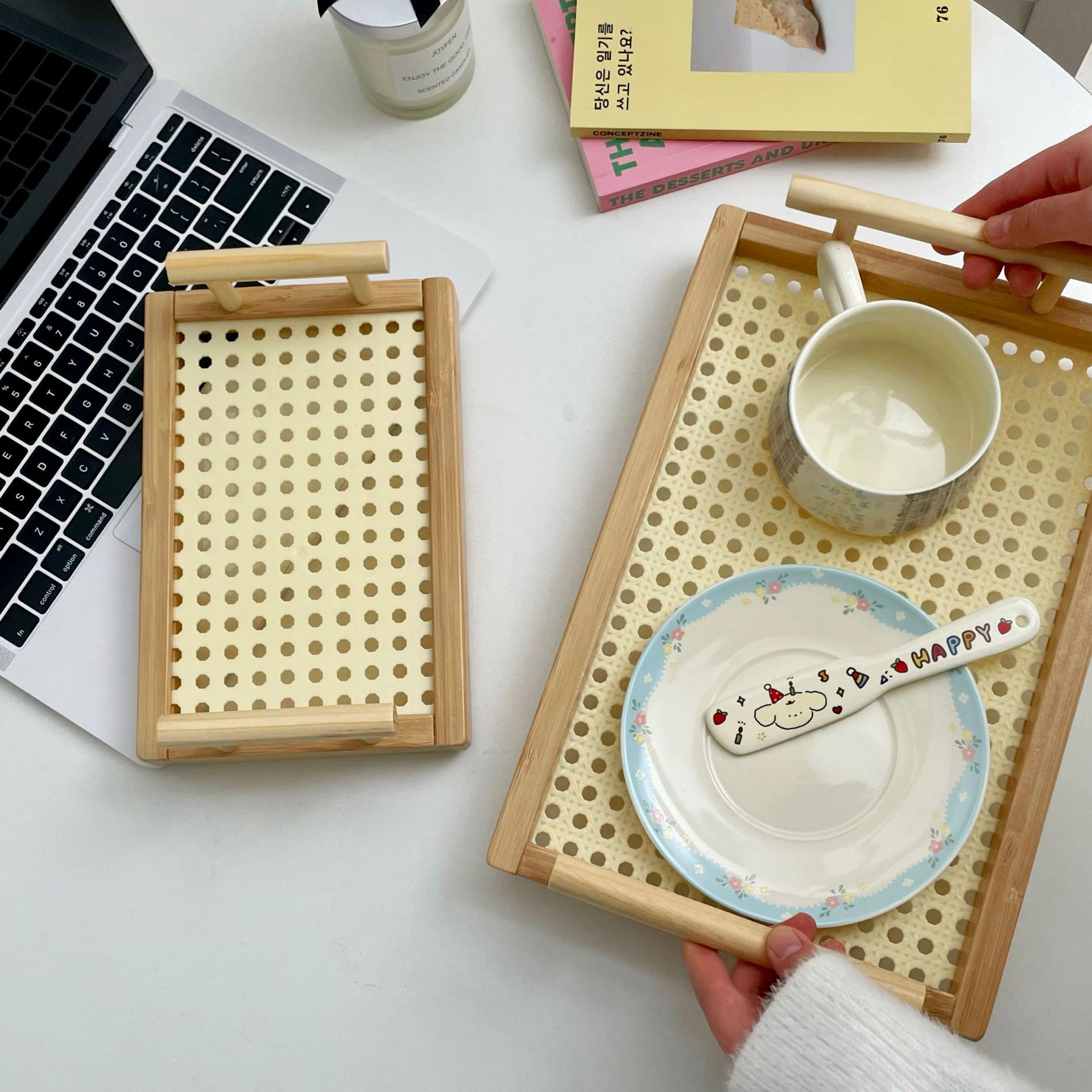 A rectangular wooden, retro rattan tray with a medieval style for storing snacks, tea and snack plates, cups, shelves and hand-held baskets Application Scenario