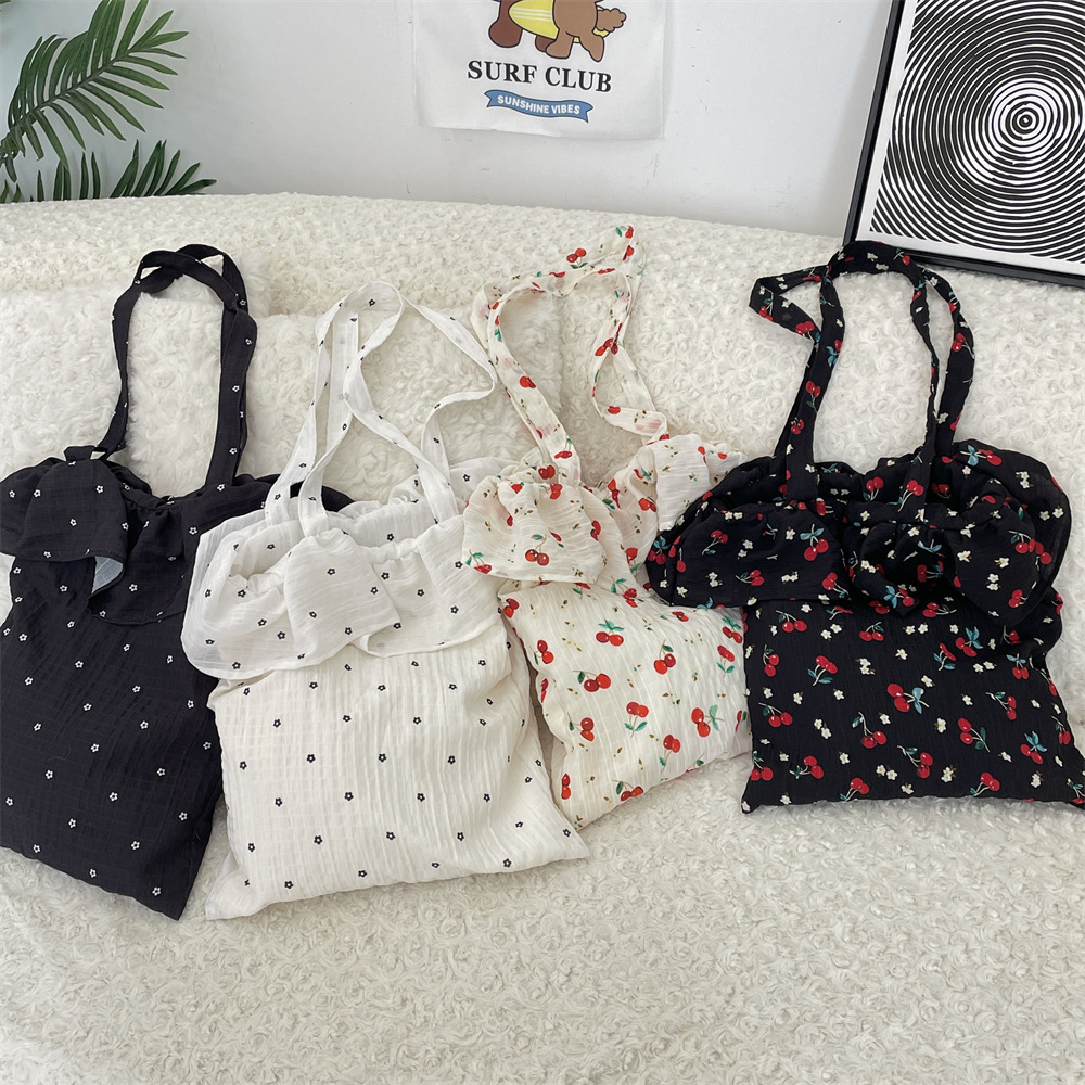 52202 Spring/Summer New chiffon ruffled shoulder bag, cute cherry canvas bag, large-capacity hand-held tote bag full figure