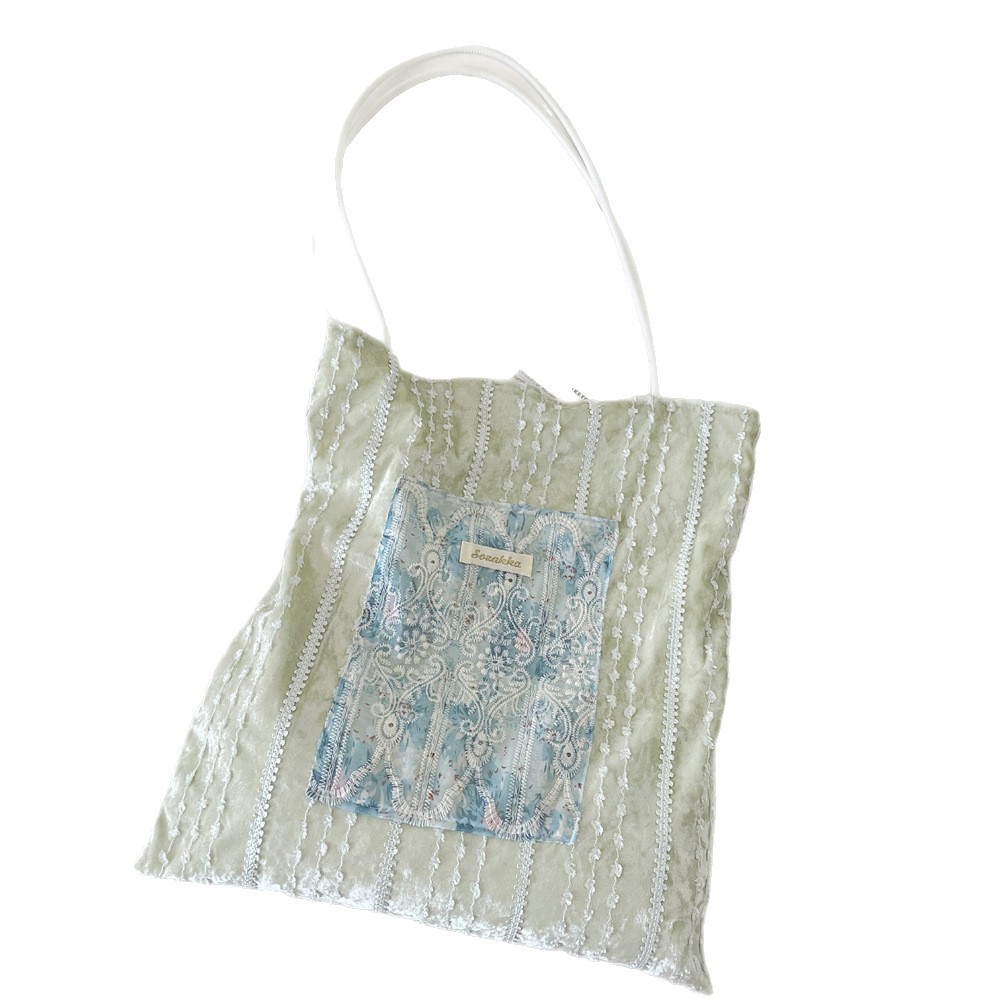 49184 New lace patchwork velvet silk-like canvas bag, large-capacity commuter girl's hand-held shoulder bag Item Picture