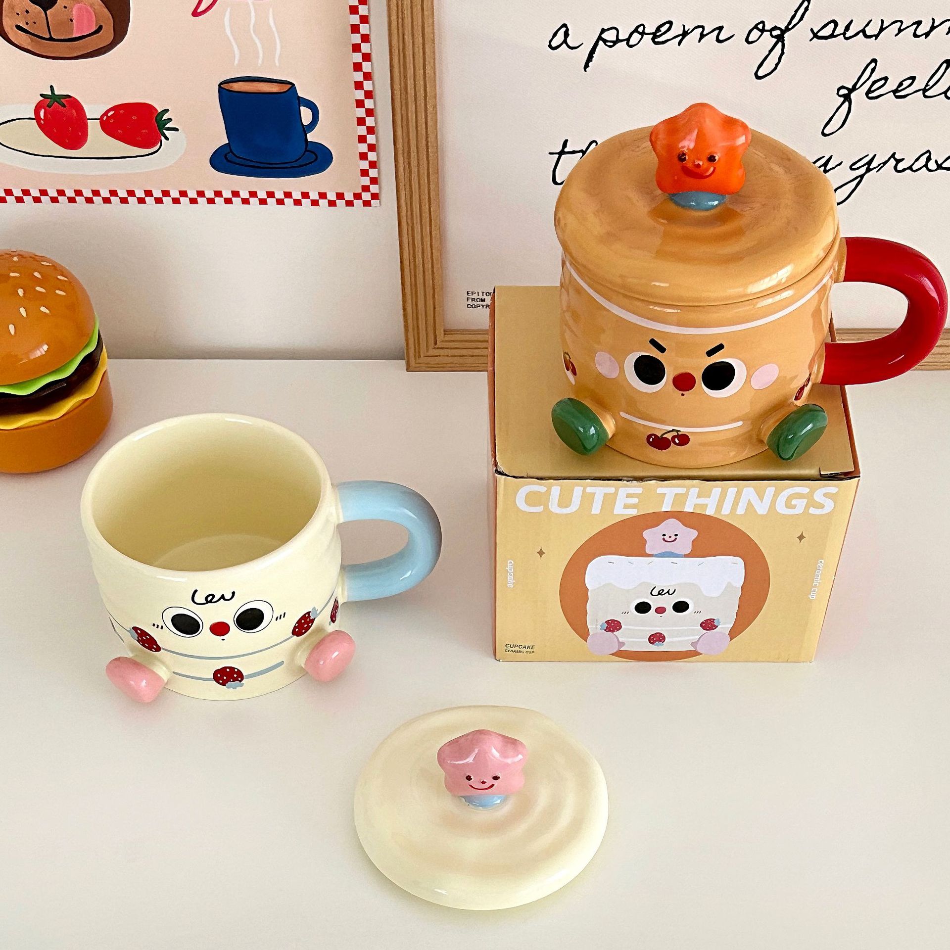 Cartoon couple mugs, birthday cake, ceramic cups with LIDS, milk breakfast cups, coffee cups, gifts, water cups, girls details Picture
