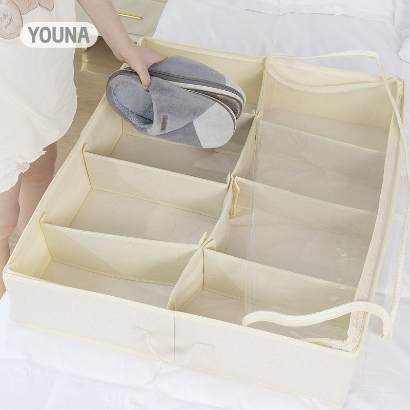 A new household large-capacity clothing organization wonder with a visible and dust-proof storage box. A detachable under-bed compartmentalized shoe box full figure