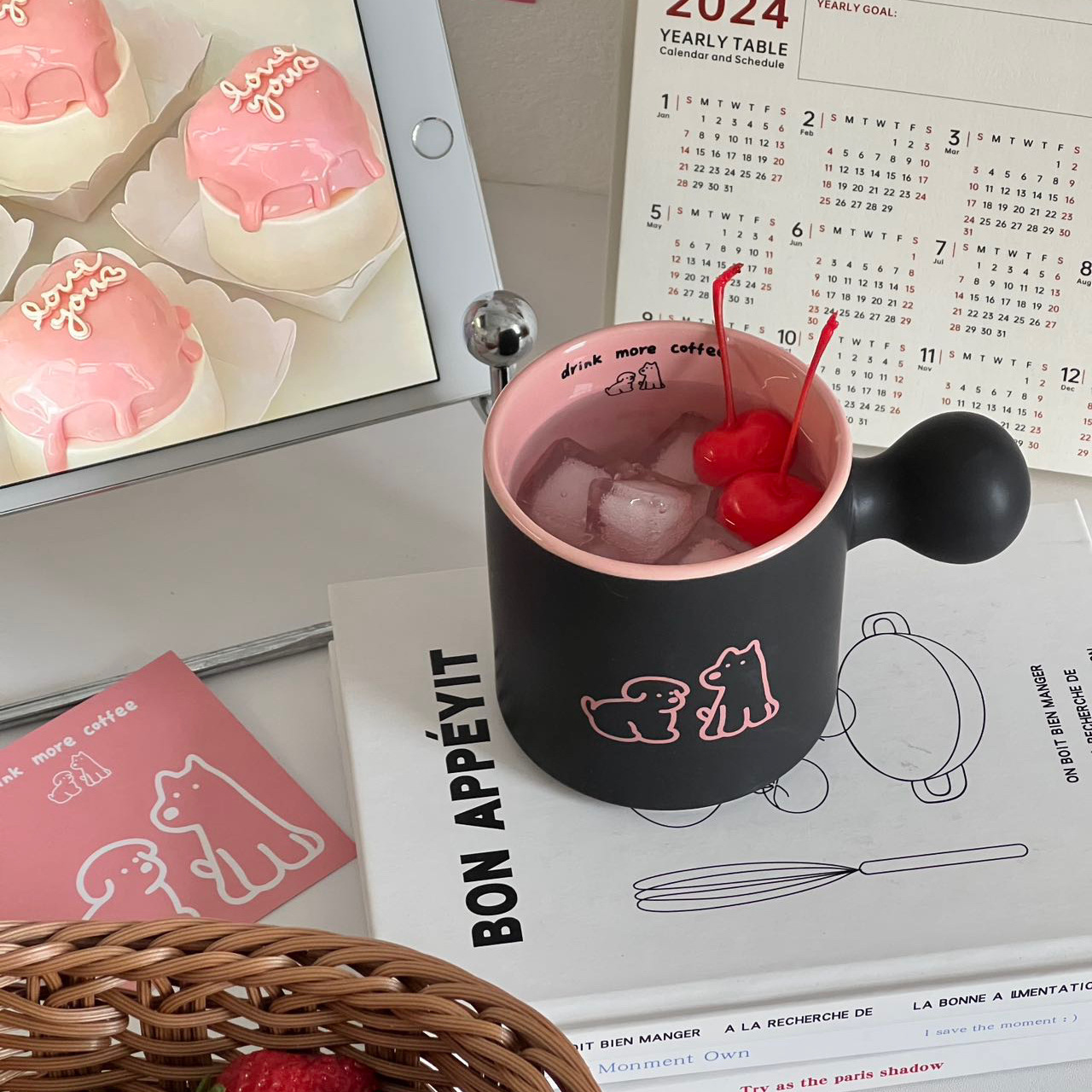 blackpink cartoon dog frosted ball cup, ins sweet and Cool style home breakfast coffee cup, Ceramic cup, straight tube cup Application Scenario