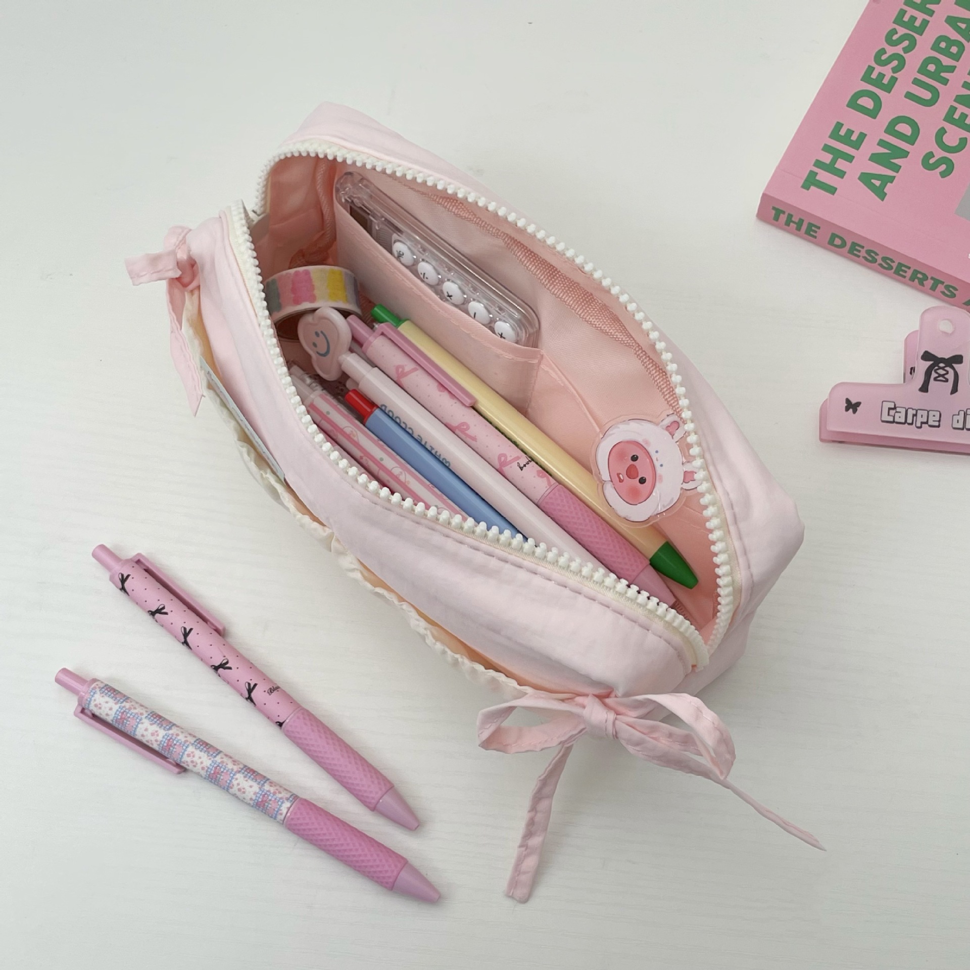 Milk and fluffy Cloud bow pen case, large-capacity water-resistant fabric stationery bag, junior high school and senior high school girls' stationery box Application Scenario