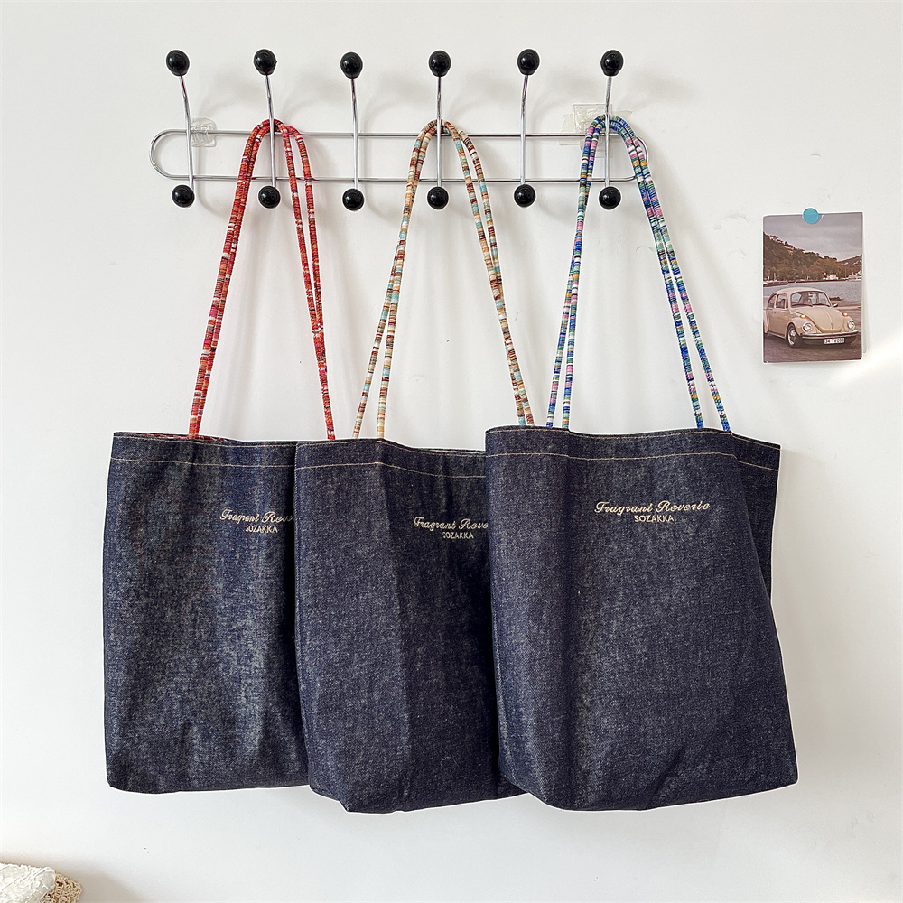 53132 Retro double-sided denim canvas bag for women, a new Korean versatile large-capacity single-shoulder fabric bag for commuting full figure