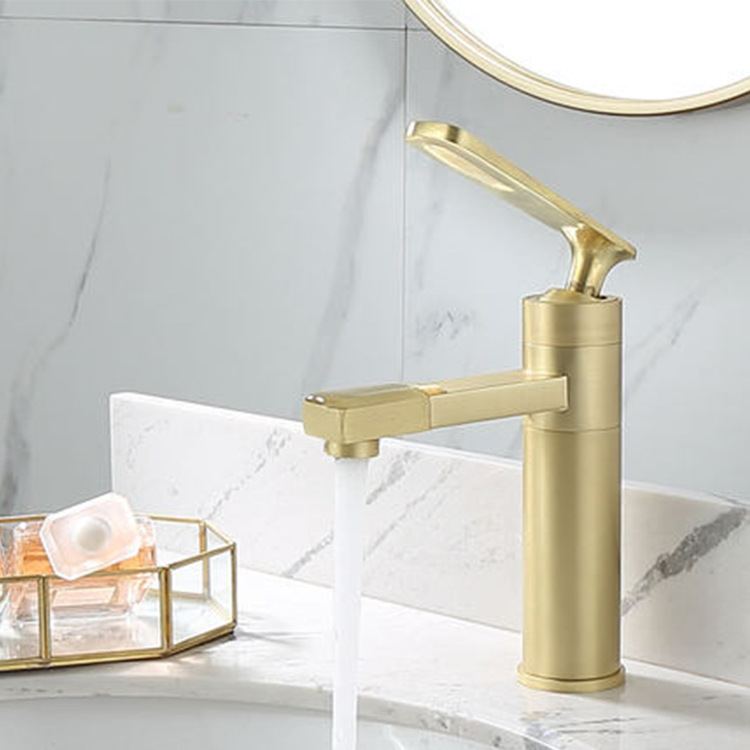 Wholesale of Nordic brushed gold washbasin faucet, single-hole rotatable hot and cold bathroom faucet, brass Application Scenario