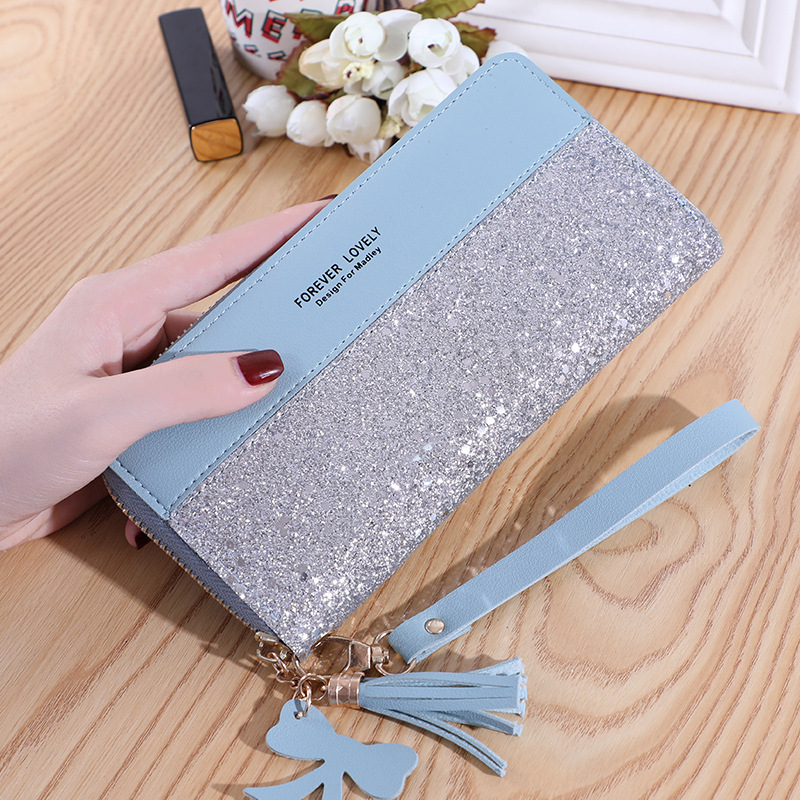 2020 new wallet long women's zipper money clip female Korean version splicing collision color tassel everything card bag mobile phone bag Specification drawing