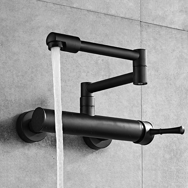 Brass wall-mounted double-hole foldable kitchen sink, sink, hot and cold water faucet, black lacquered mixed faucet details Picture