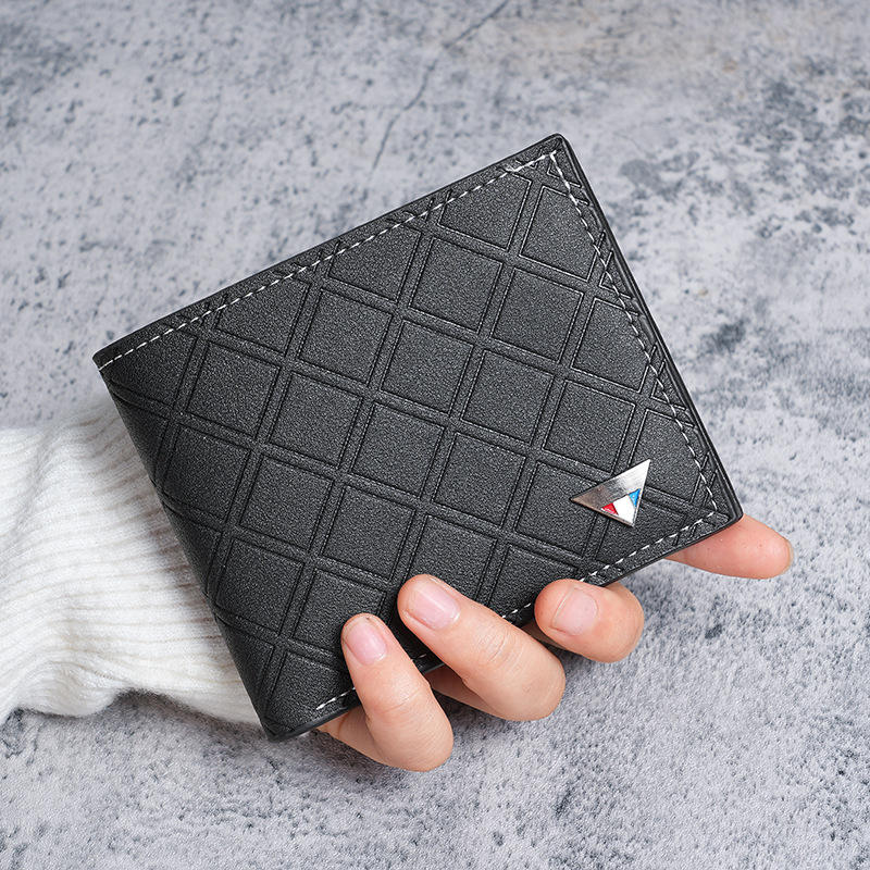 New men's wallet, short wallet, fashionable and casual for young men, checkered with multiple slots, thin soft leather wallet, and coin purse full figure
